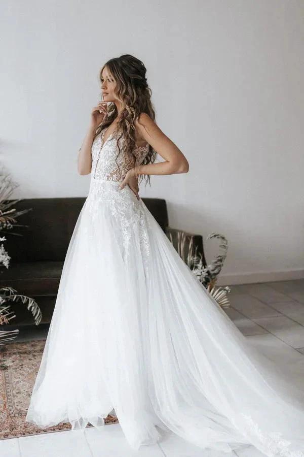 Boho Long A-line V-neck Lace Tulle Backless Wedding Dresses by BIZTUNNEL