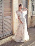 Boho Long A-line V Neck Lace Tulle Wedding Dresses with Sleeves by BIZTUNNEL