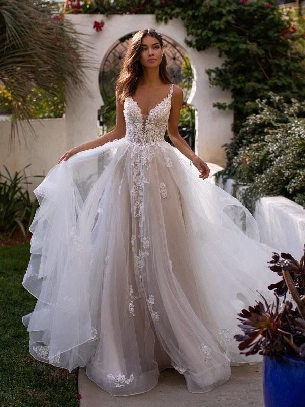 Boho Long A-line V-neck Spaghetti Strap Backless Tulle Lace Wedding Dresses by BIZTUNNEL