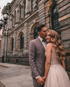 Boho Long A-line V-neck Tulle Appliques Lace Wedding Dress with Slit by BIZTUNNEL