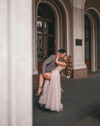Boho Long A-line V-neck Tulle Appliques Lace Wedding Dress with Slit by BIZTUNNEL