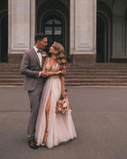 Boho Long A-line V-neck Tulle Appliques Lace Wedding Dress with Slit by BIZTUNNEL