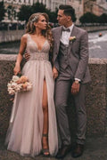 Boho Long A-line V-neck Tulle Appliques Lace Wedding Dress with Slit by BIZTUNNEL