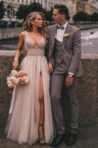 Boho Long A-line V-neck Tulle Appliques Lace Wedding Dress with Slit by BIZTUNNEL