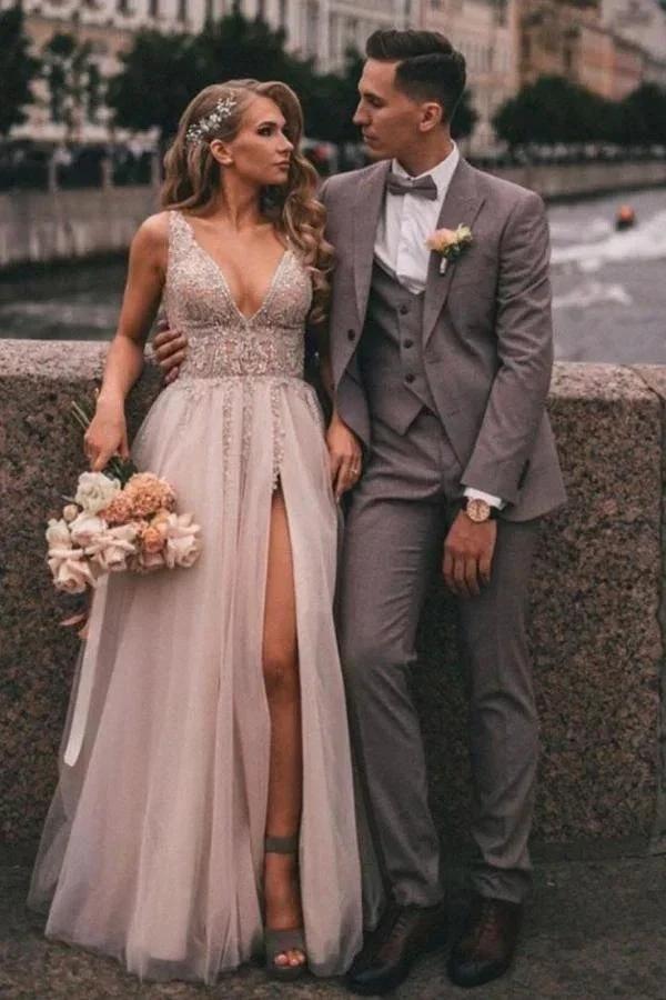 Boho Long A-line V-neck Tulle Appliques Lace Wedding Dress with Slit by BIZTUNNEL