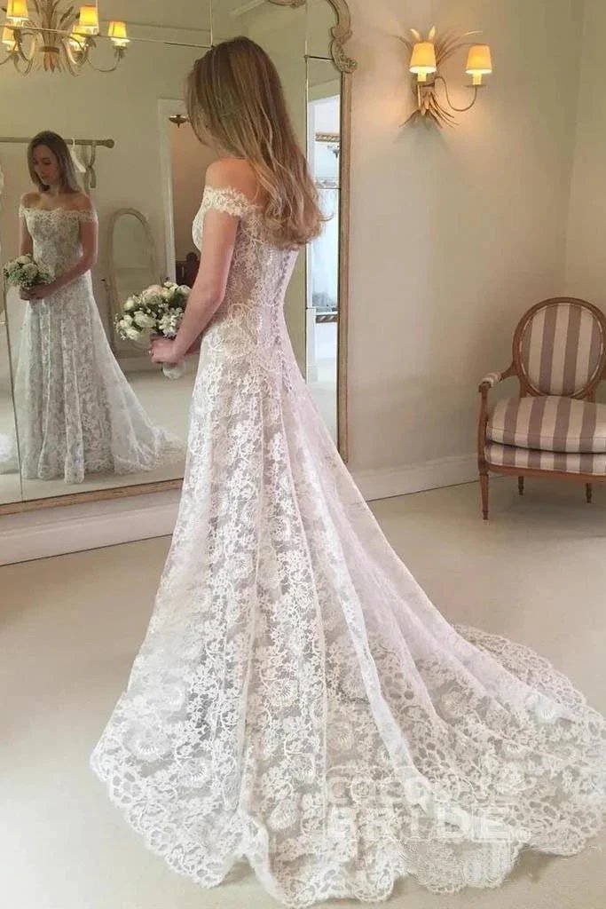 Boho Long Mermaid Off the Shoulder Lace Wedding Dress by BIZTUNNEL