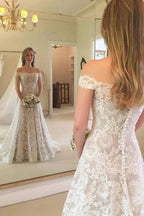 Boho Long Mermaid Off the Shoulder Lace Wedding Dress by BIZTUNNEL