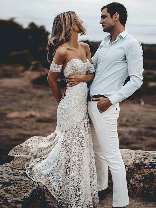 Boho Long Mermaid Sweetheart Lace Ivory Wedding Dresses by BIZTUNNEL