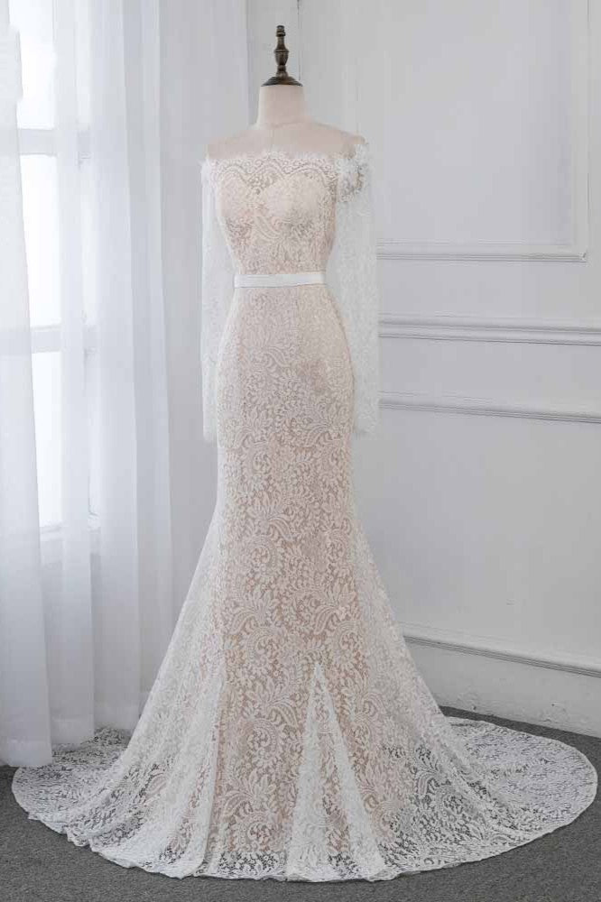 Boho Off-the-Shoulder Champagne Wedding Dresses Long Sleeves Mermaid Appliques Bridal Gowns