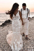Boho Sleeveless Floral Mermaid Wedding Dress Backless Bridal Gown by misshow.com