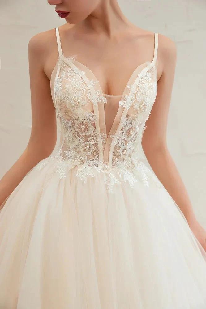 Boho Spaghetti Straps Ivory Ball Gown Tulle Aline Wedding Dress by misshow.com
