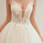 Boho Spaghetti Straps Ivory Ball Gown Tulle Aline Wedding Dress by misshow.com