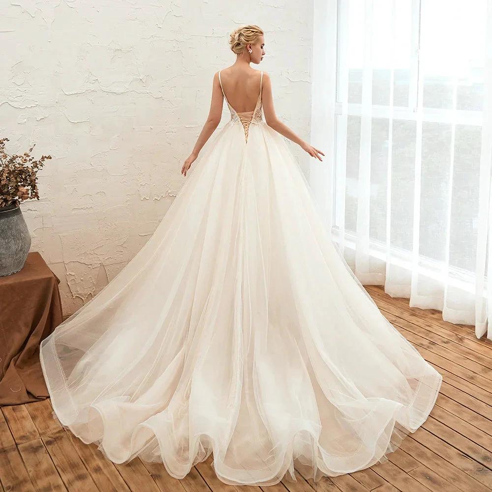 Boho Spaghetti Straps Ivory Ball Gown Tulle Aline Wedding Dress by misshow.com