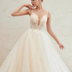 Boho Spaghetti Straps Ivory Ball Gown Tulle Aline Wedding Dress by misshow.com