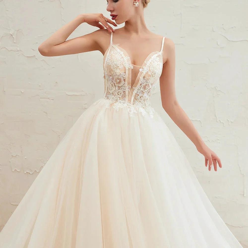Boho Spaghetti Straps Ivory Ball Gown Tulle Aline Wedding Dress by misshow.com