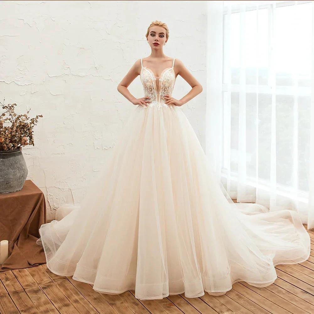 Boho Spaghetti Straps Ivory Ball Gown Tulle Aline Wedding Dress by misshow.com