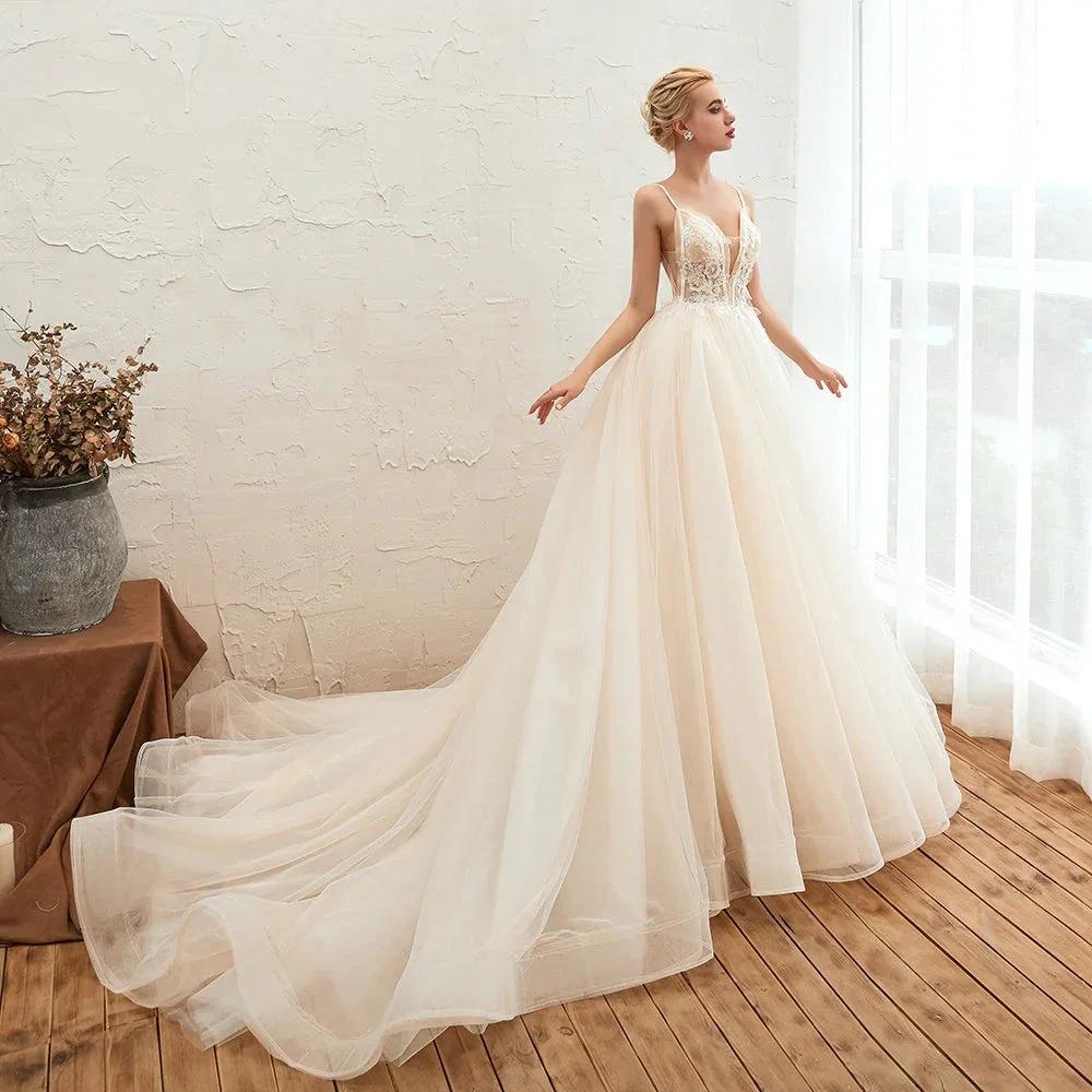 Boho Spaghetti Straps Ivory Ball Gown Tulle Aline Wedding Dress by misshow.com