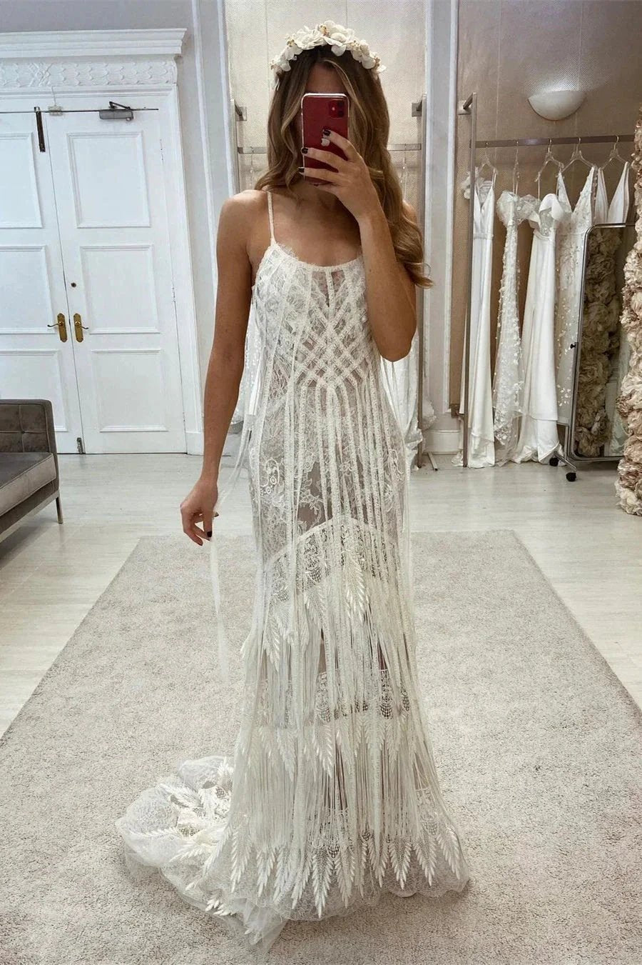 Boho Spaghetti Straps Lace Sleeveless Floor Length Wedding Dress by misshow.com