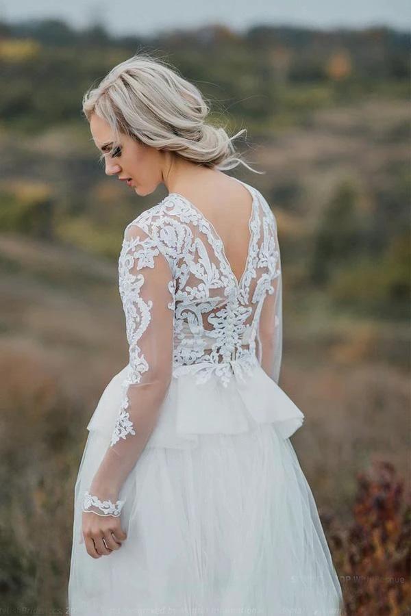 Boho Wedding Dress V Back Bridal Lace Gown Separates Wedding Dress WD496 by pgmdress