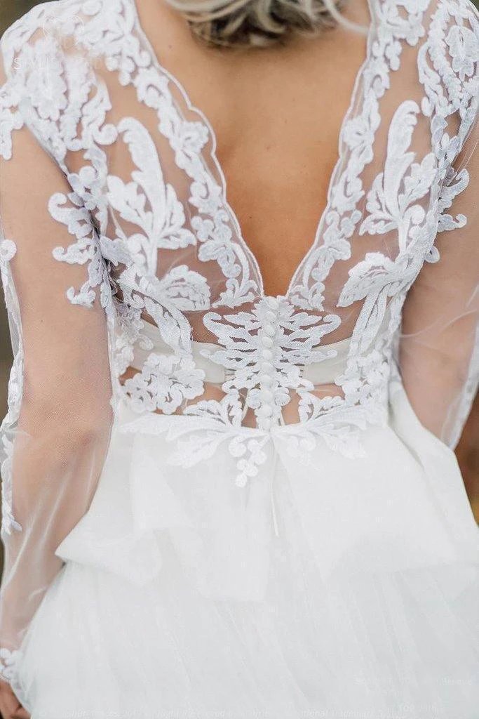 Boho Wedding Dress V Back Bridal Lace Gown Separates Wedding Dress WD496 by pgmdress