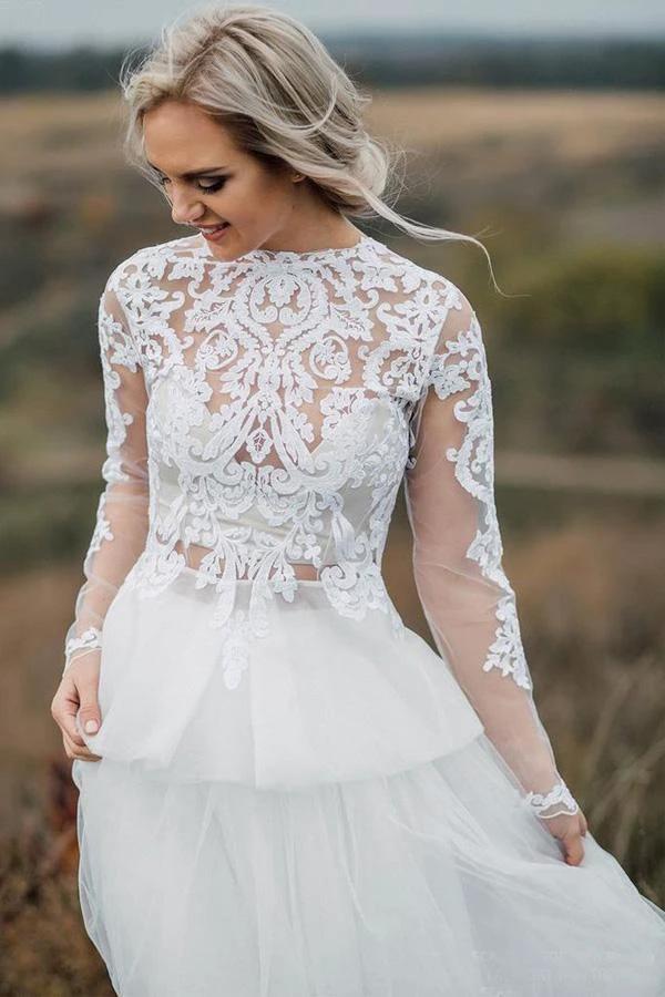 Boho Wedding Dress V Back Bridal Lace Gown Separates Wedding Dress WD496 by pgmdress