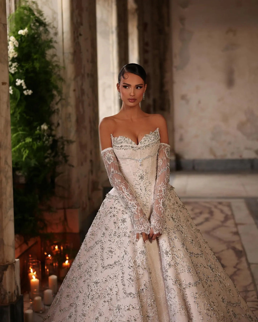 Luxury Off Shoulder Beaded Ball Gown Wedding Dress SW019