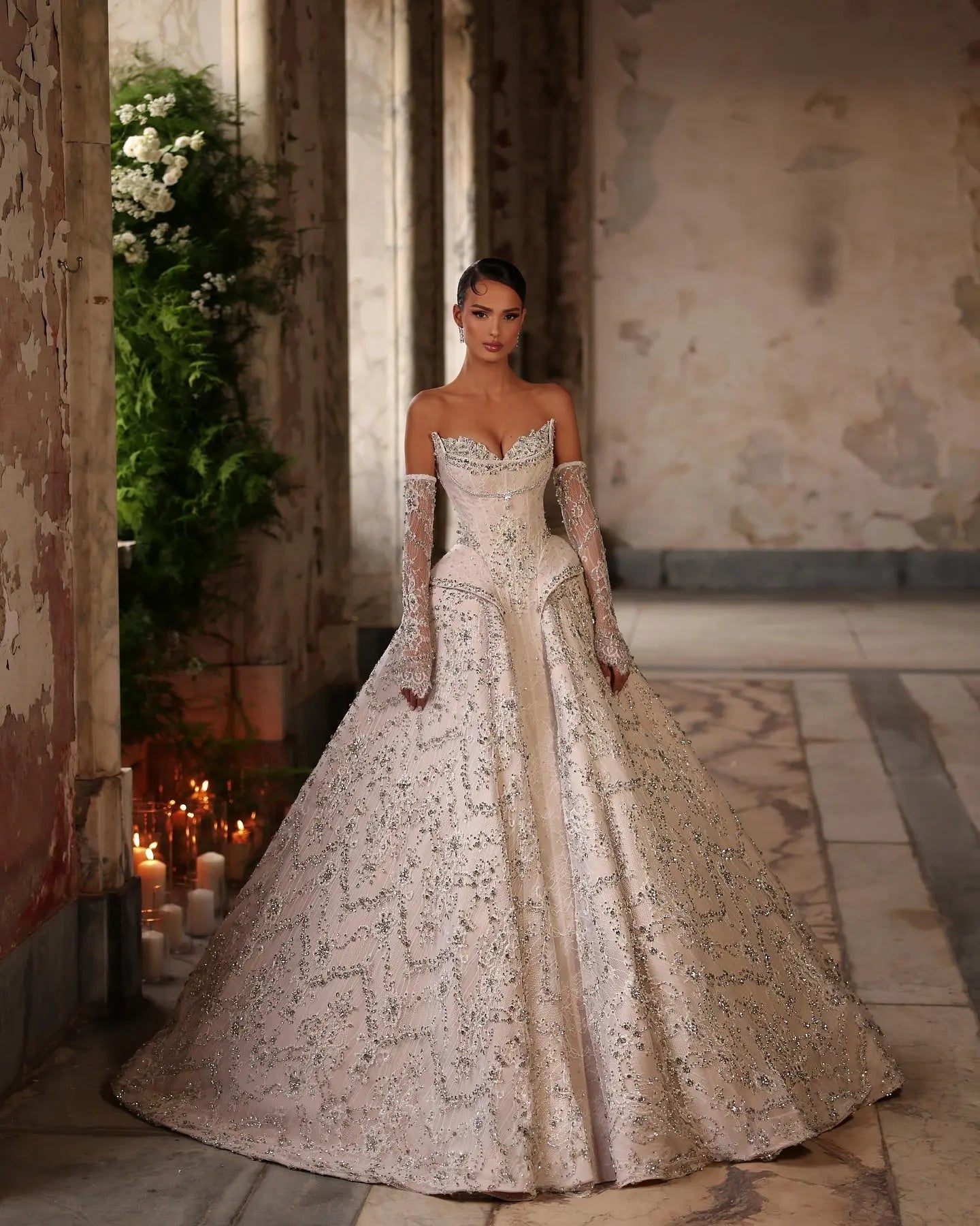 Luxury Off Shoulder Beaded Ball Gown Wedding Dress SW019