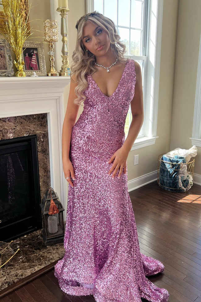 Branndi | Sequins V-Neck Lilac Mermaid Evening Long Prom Dress Hover Image