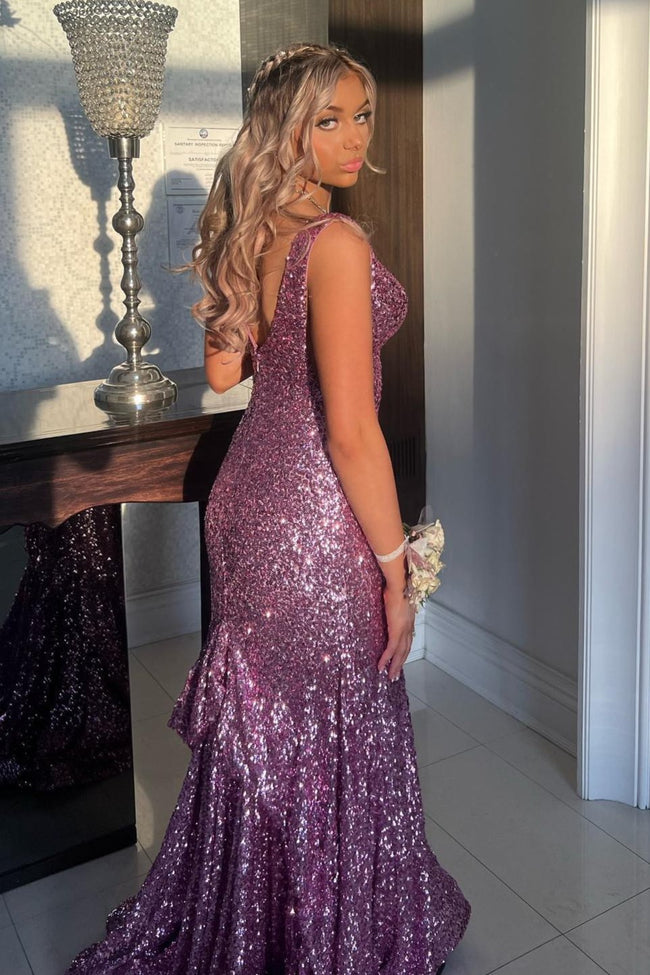 Branndi | Sequins V-Neck Lilac Mermaid Evening Long Prom Dress Main Image