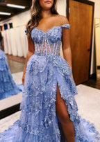 Maryann | Periwinkle Tulle Appliques Off-the-Shoulder Ruffle Long Prom Dress by KissProm