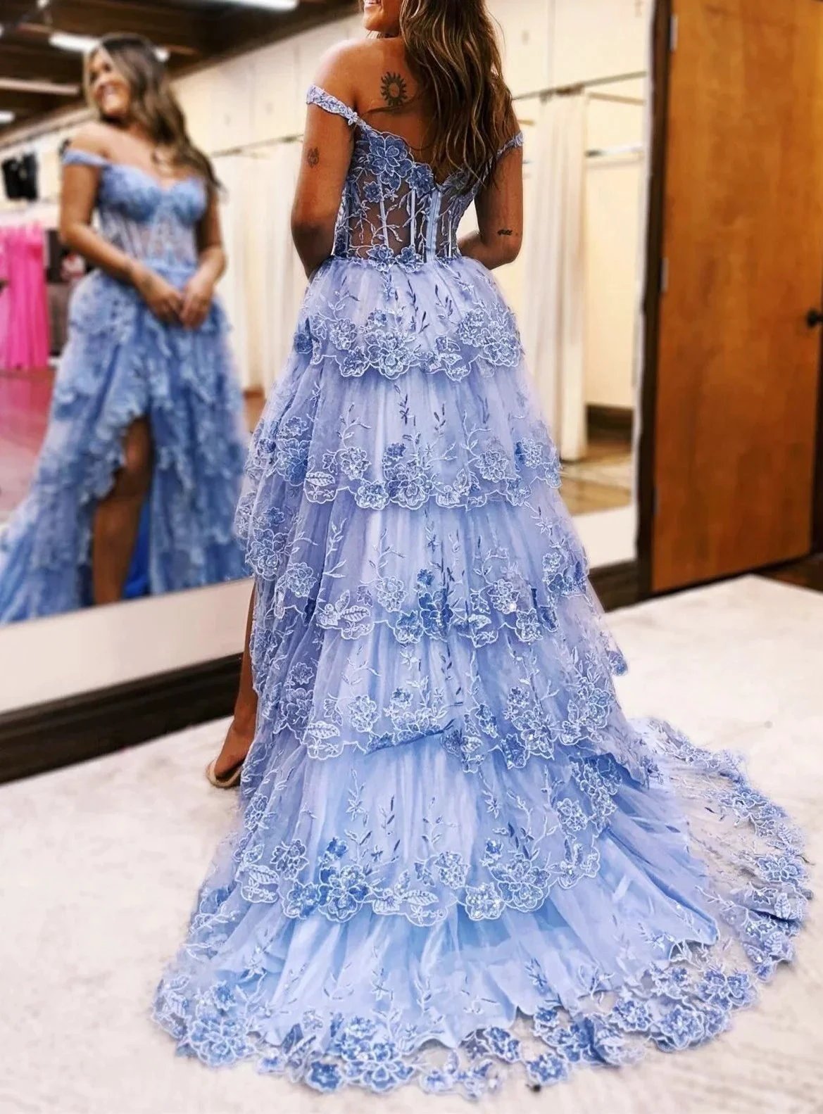 Maryann | Periwinkle Tulle Appliques Off-the-Shoulder Ruffle Long Prom Dress by KissProm