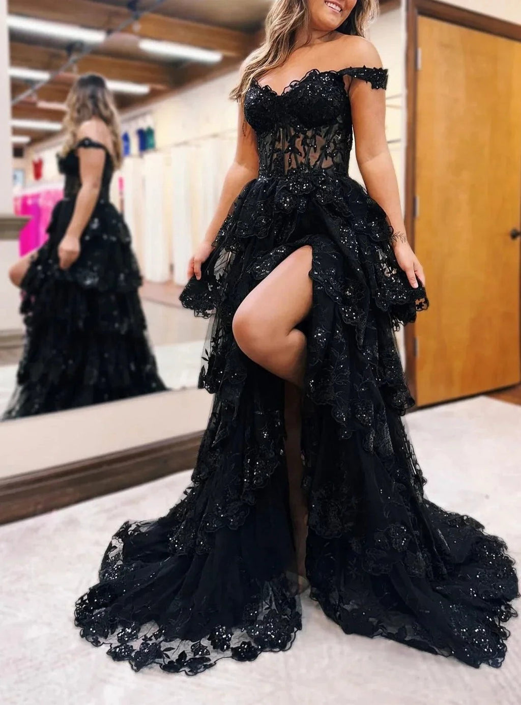 Maryann | Periwinkle Tulle Appliques Off-the-Shoulder Ruffle Long Prom Dress by KissProm