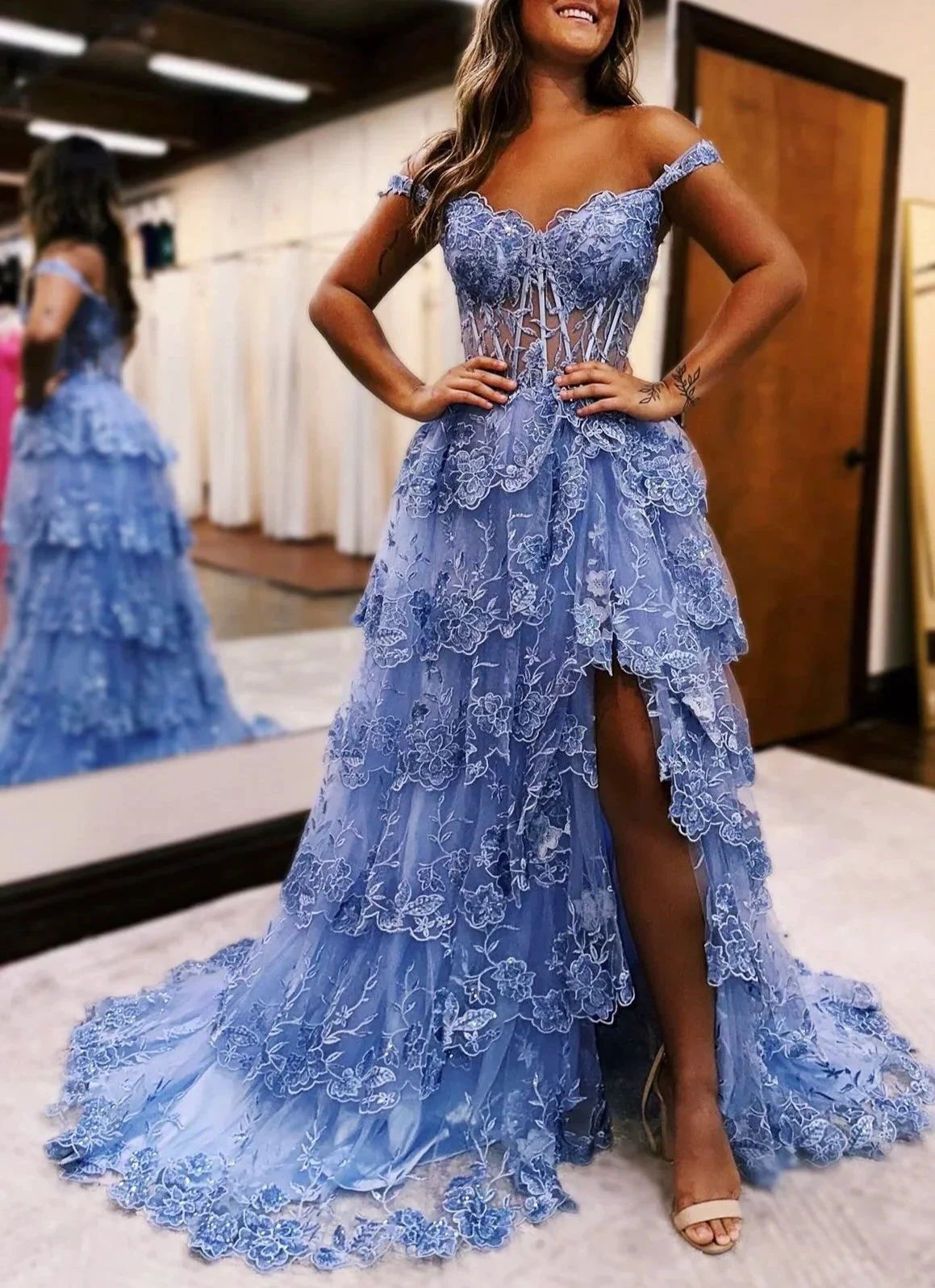 Maryann | Periwinkle Tulle Appliques Off-the-Shoulder Ruffle Long Prom Dress by KissProm
