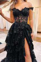 Maryann | Periwinkle Tulle Appliques Off-the-Shoulder Ruffle Long Prom Dress by KissProm