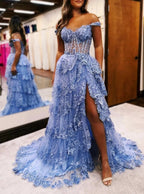 Maryann | Periwinkle Tulle Appliques Off-the-Shoulder Ruffle Long Prom Dress by KissProm