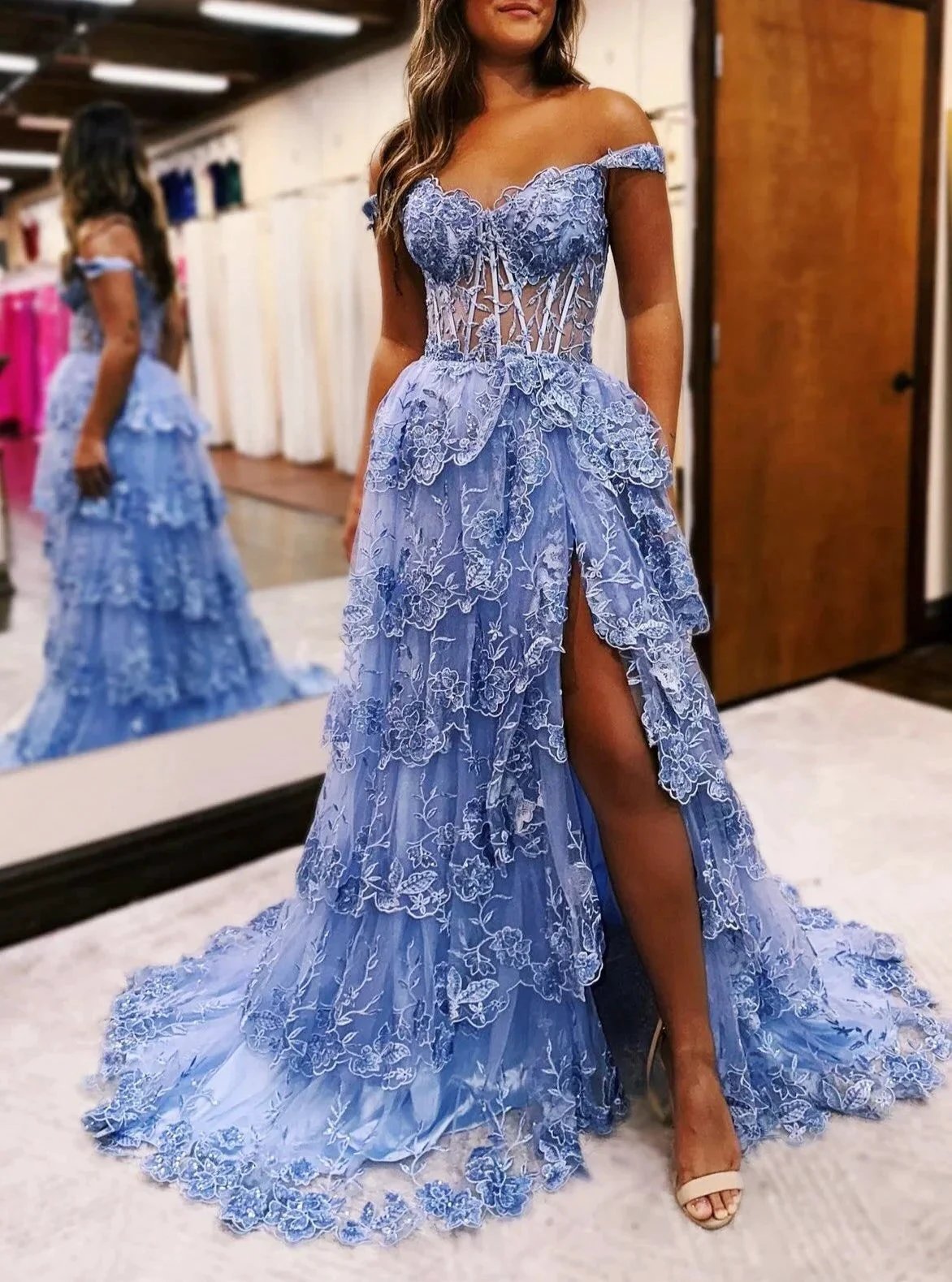 Maryann | Periwinkle Tulle Appliques Off-the-Shoulder Ruffle Long Prom Dress by KissProm