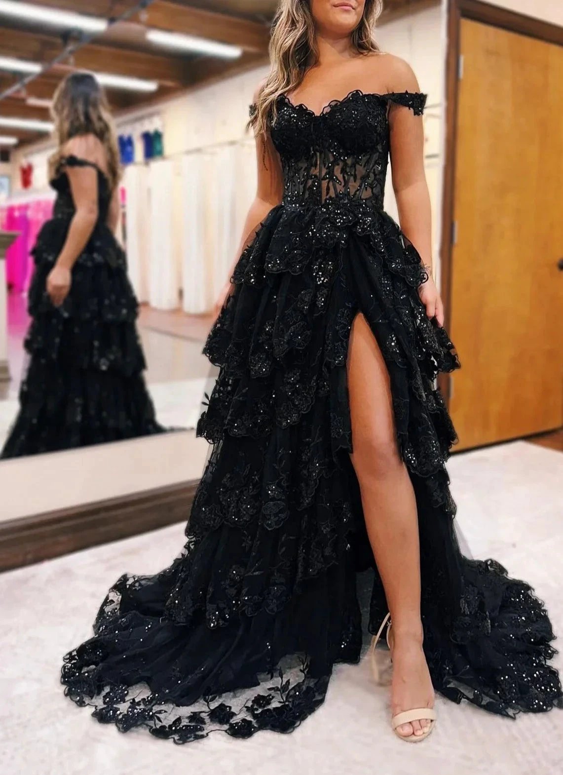 Maryann | Periwinkle Tulle Appliques Off-the-Shoulder Ruffle Long Prom Dress by KissProm