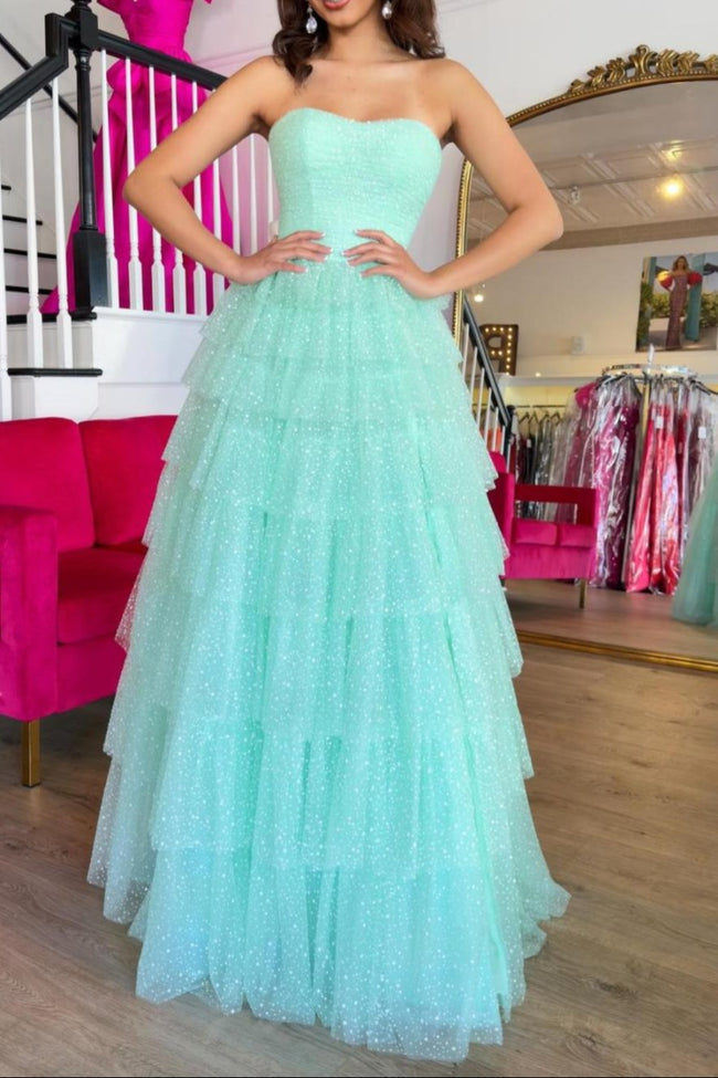Brigitta | Aqua Blue Sweetheart Tulle Tiered A-Line Long Prom Dress with Slit Hover Image