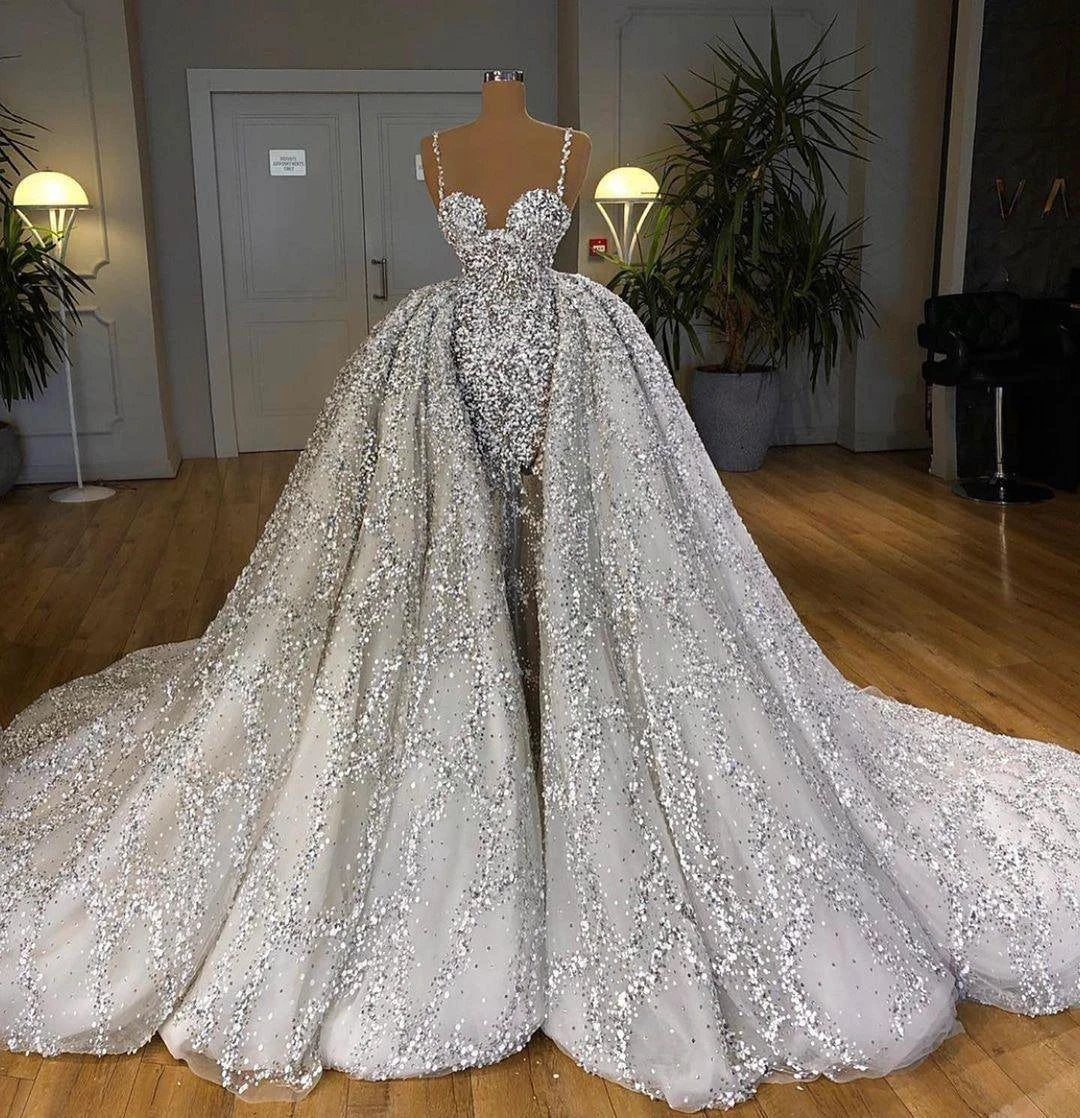 Brilliant Long Mermaid Sweetheart Sequins Wedding Dress With Ruffles Train by BIZTUNNEL