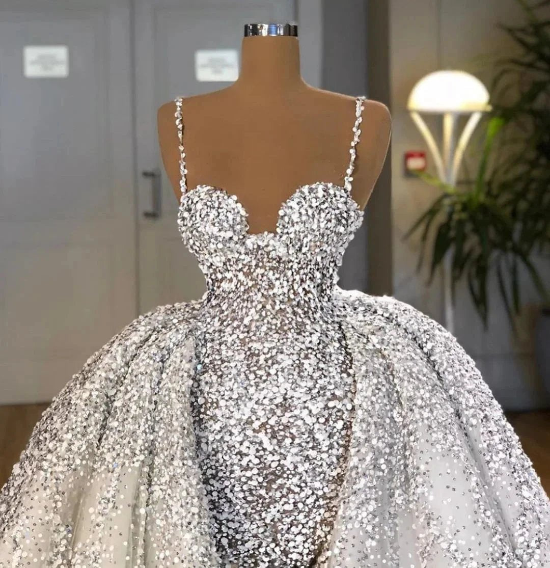 Brilliant Long Mermaid Sweetheart Sequins Wedding Dress With Ruffles Train by BIZTUNNEL