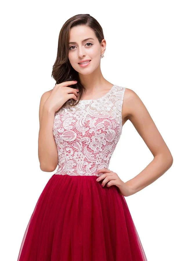 Burgundy A-line Crew Lace Chiffon Bridesmaid Dresses