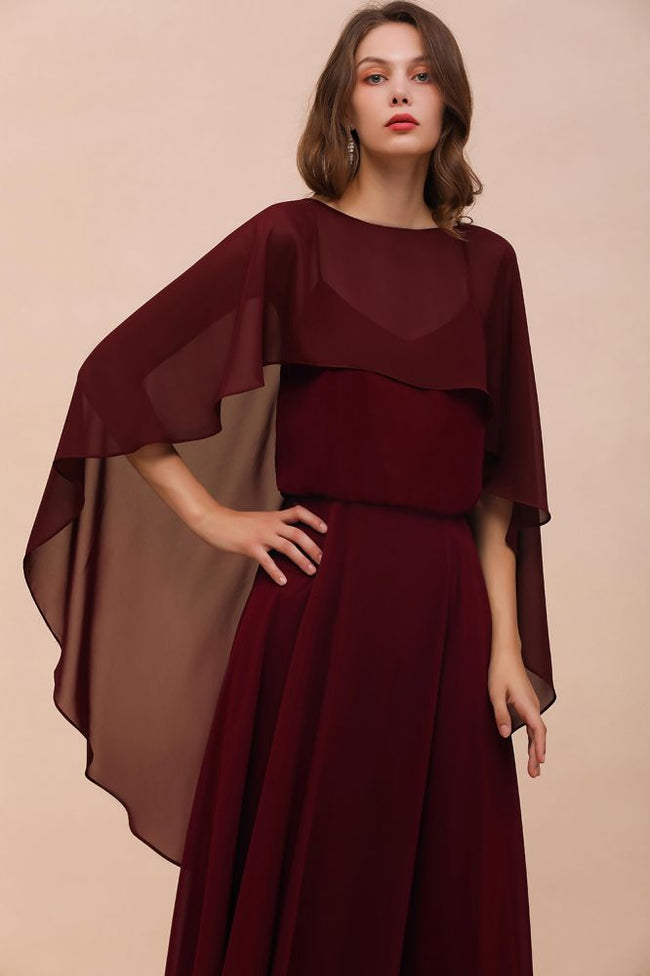 Burgundy Bridesmaid Dresses Spaghetti Straps Chiffon Floor Length Wedding Guest Dress with Back Cape Wraps Main Image