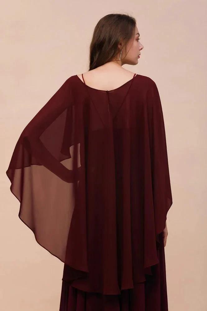 Burgundy Bridesmaid Dresses Spaghetti Straps Chiffon Floor Length Wedding Guest Dress with Back Cape Wraps by misshow.com