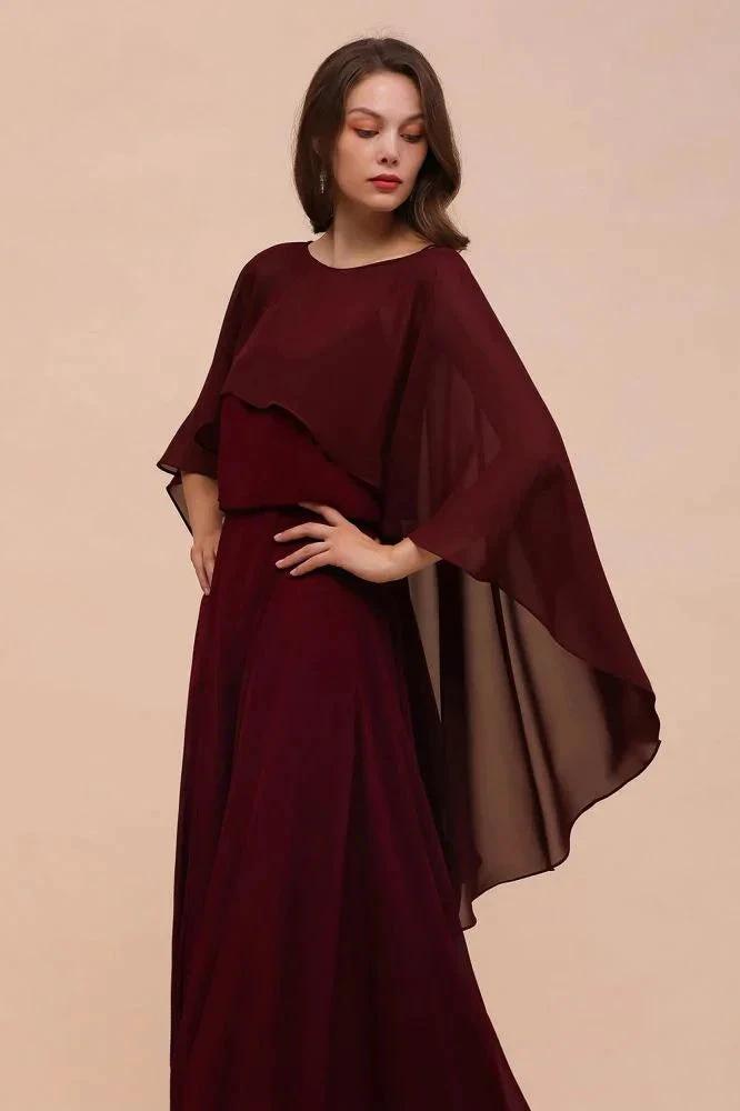 Burgundy Bridesmaid Dresses Spaghetti Straps Chiffon Floor Length Wedding Guest Dress with Back Cape Wraps by misshow.com