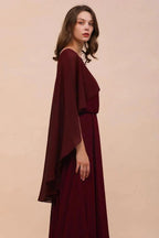 Burgundy Bridesmaid Dresses Spaghetti Straps Chiffon Floor Length Wedding Guest Dress with Back Cape Wraps by misshow.com