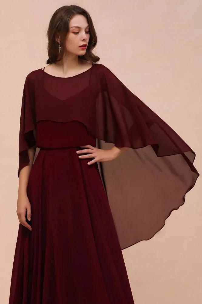 Burgundy Bridesmaid Dresses Spaghetti Straps Chiffon Floor Length Wedding Guest Dress with Back Cape Wraps by misshow.com