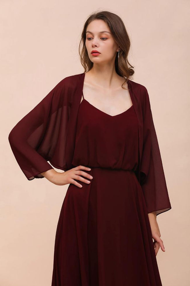 Burgundy Bridesmaid Dresses Spaghetti Straps Chiffon Floor Length Wedding Guest Dress with Back Cape Wraps Hover Image