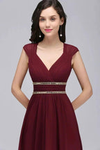 Burgundy Chiffon Sheath V Neck Long Evening Dresses by misshow.com