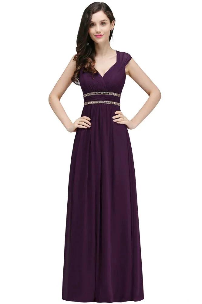 Burgundy Chiffon Sheath V Neck Long Evening Dresses by misshow.com