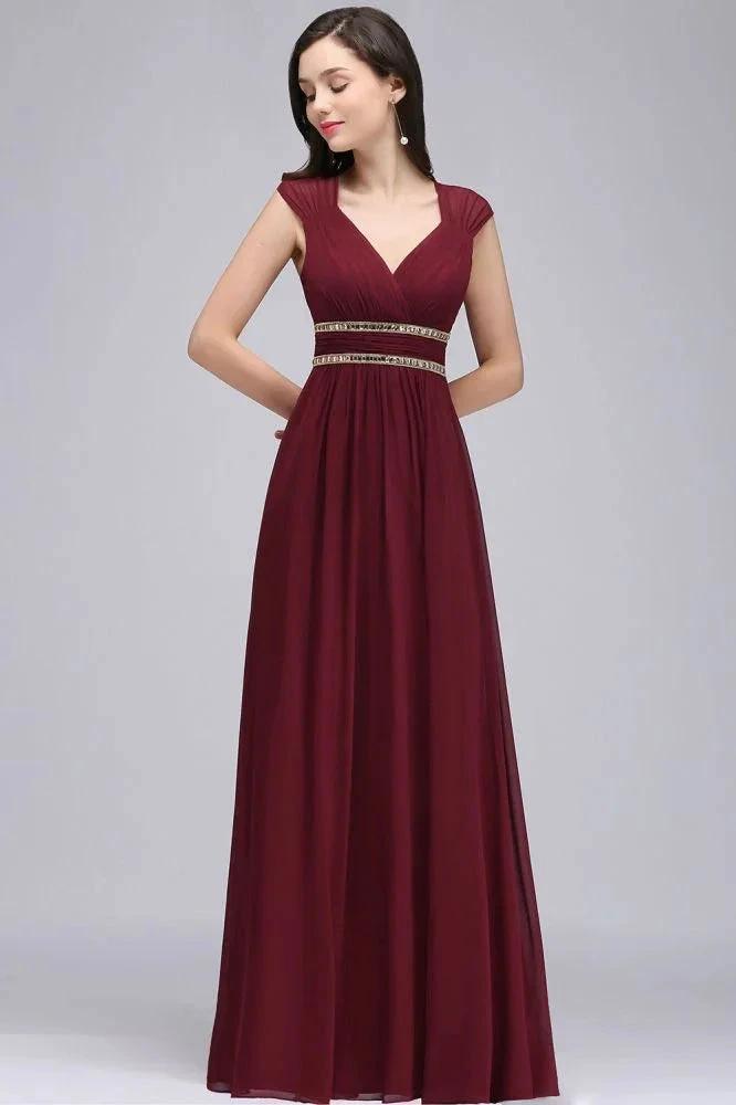 Burgundy Chiffon Sheath V Neck Long Evening Dresses by misshow.com